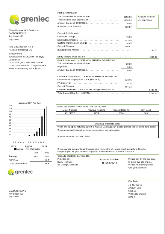 Grenada Electricity Services business utility bill Word and PDF template PSD template